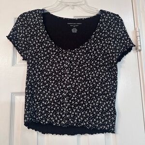 American Eagle Outfitters Soft & Sexy Ribbed Shirt - Size M Black Floral Print